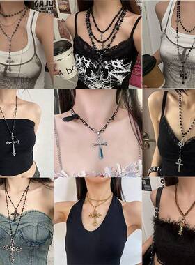 Unisex Dark Gothic Beaded Cross Pendant Necklace / Choker