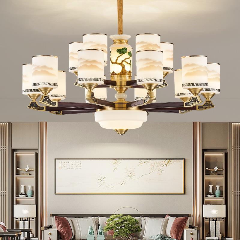 全铜新中式复式楼别墅玉石大吊灯客厅灯简约大气中空挑高大厅灯具