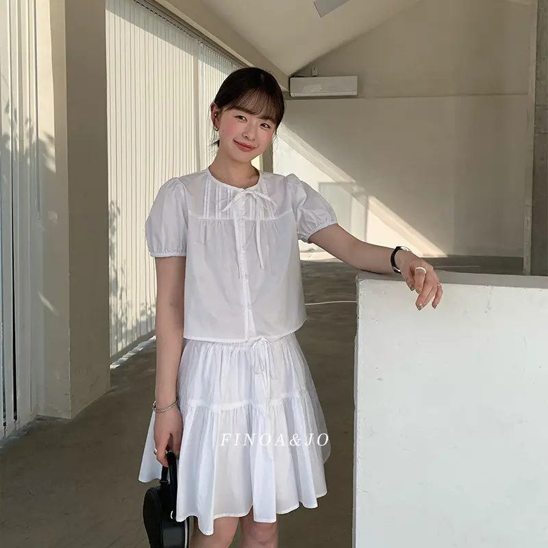 费挪 olive十三行日系简约小个子甜美百搭小衫+高腰半裙套装2552