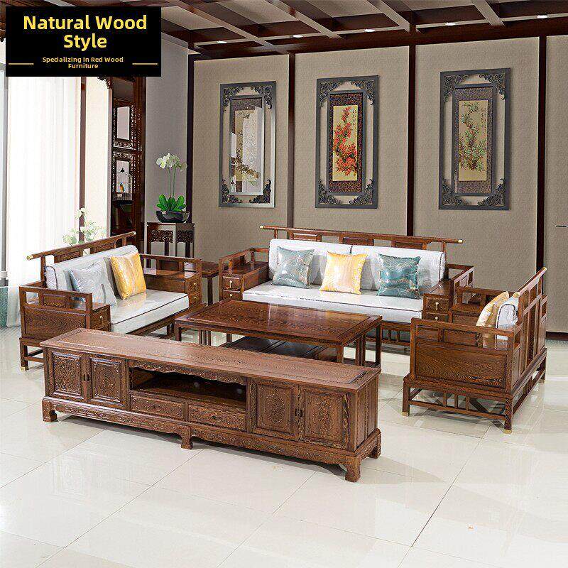 红木新中式沙发非洲鸡翅木沙发组合客厅实木沙发别墅明清禅意家具