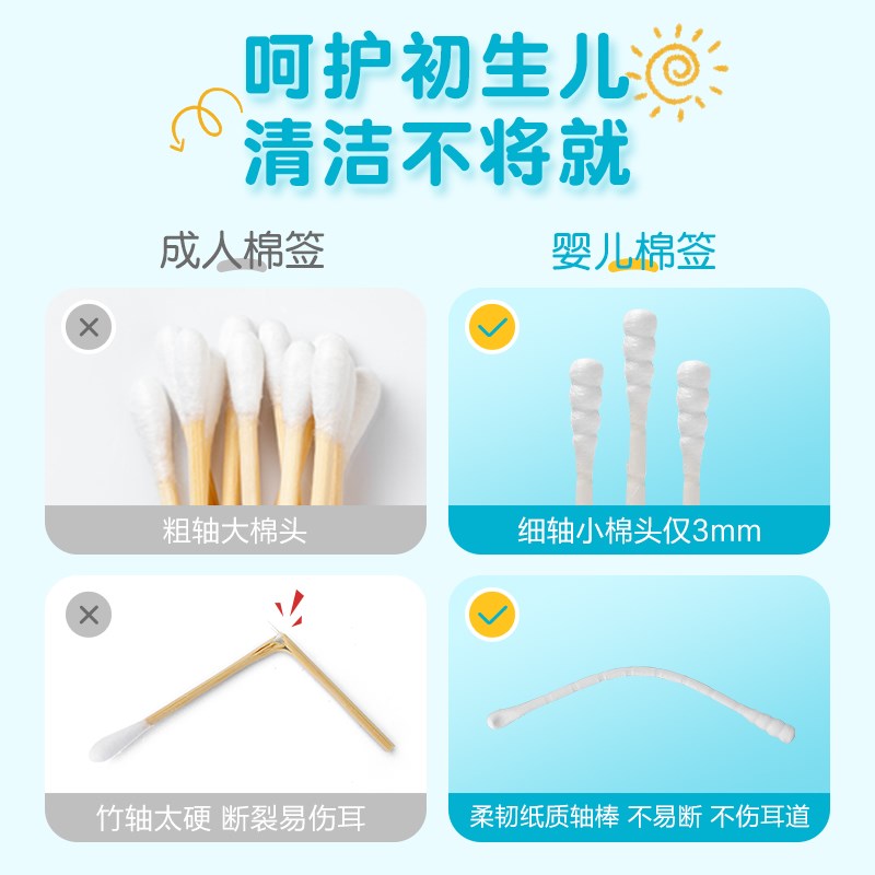 婴儿棉签宝宝掏耳新生幼儿童掏耳朵鼻屎细小头双头棉棒挖耳勺