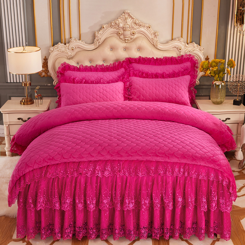 水晶绒夹棉床裙四件套秋冬保暖加厚双人防滑床罩加绒被套4件套