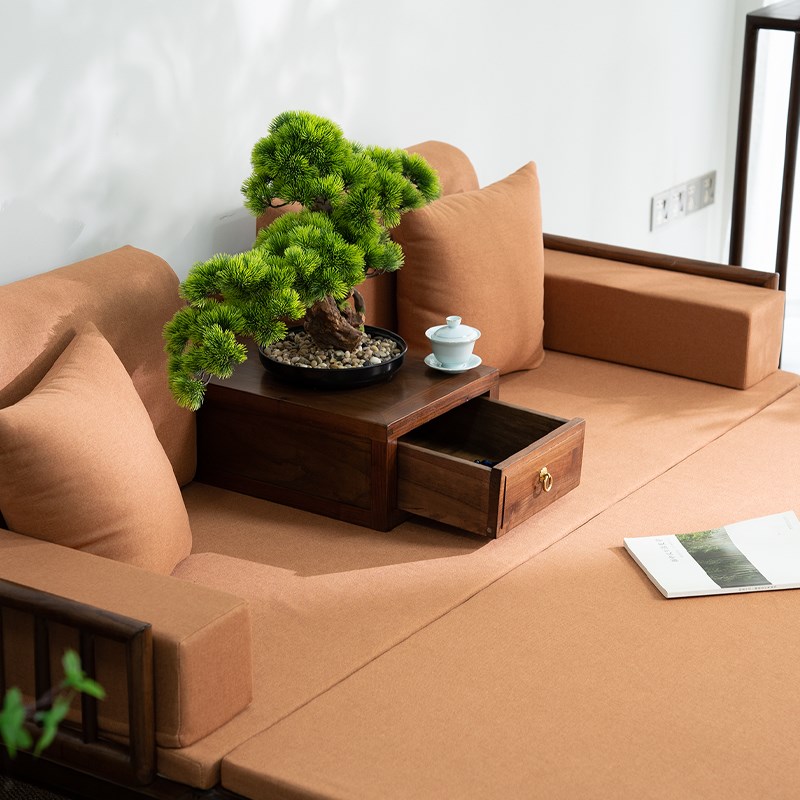 沙发床两用罗汉床实木推拉伸缩新中式客厅贵妃榻老榆木茶桌椅组合