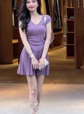 今年流行漂亮套装裙夏装搭配一整套韩系御姐气质女神范紫色二件套