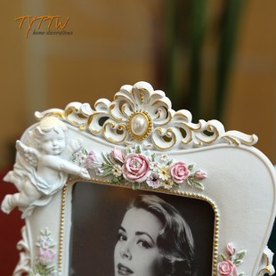复古白色玫瑰花边丘比特小天使床头相框桌面玄关橱窗卧室书房摆件