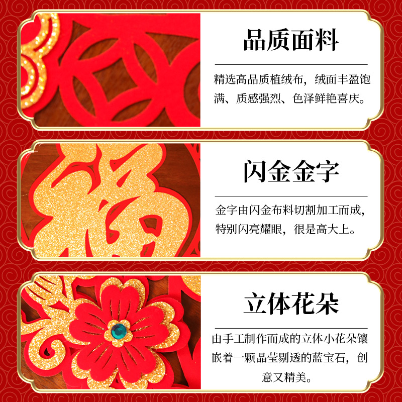 2024龙年福字贴绒布乔迁之喜新年门贴窗花自粘春节斗方入户门装饰