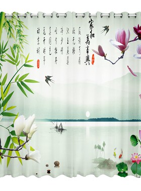 新中式风窗帘绿色竹报平安富贵竹林竹子国画客厅卧室办公书房窗纱
