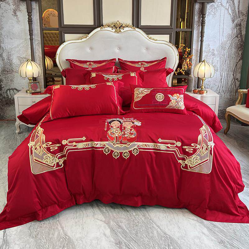 高级感140支匹马棉四件套100全棉婚庆龙凤刺绣被套中式床上用品
