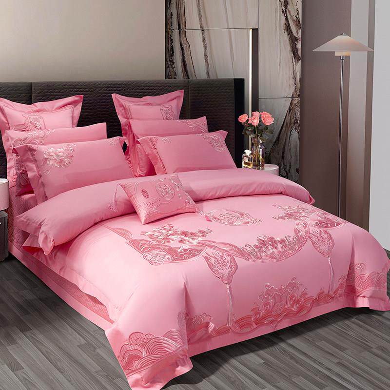 14色0支全棉长棉YAMU-JYS刺绣花粉绒婚庆结四件套喜被床婚上用品