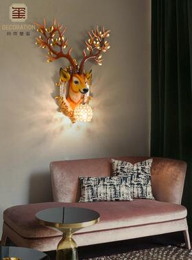 欧式招财鹿头壁灯客视背景墙北欧厅式创鹿角电灯意81632床头过道