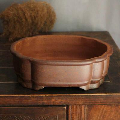 精美紫砂火烧古金董轻海棠矩形手工大老大理石景透气盆竹堆YVS花