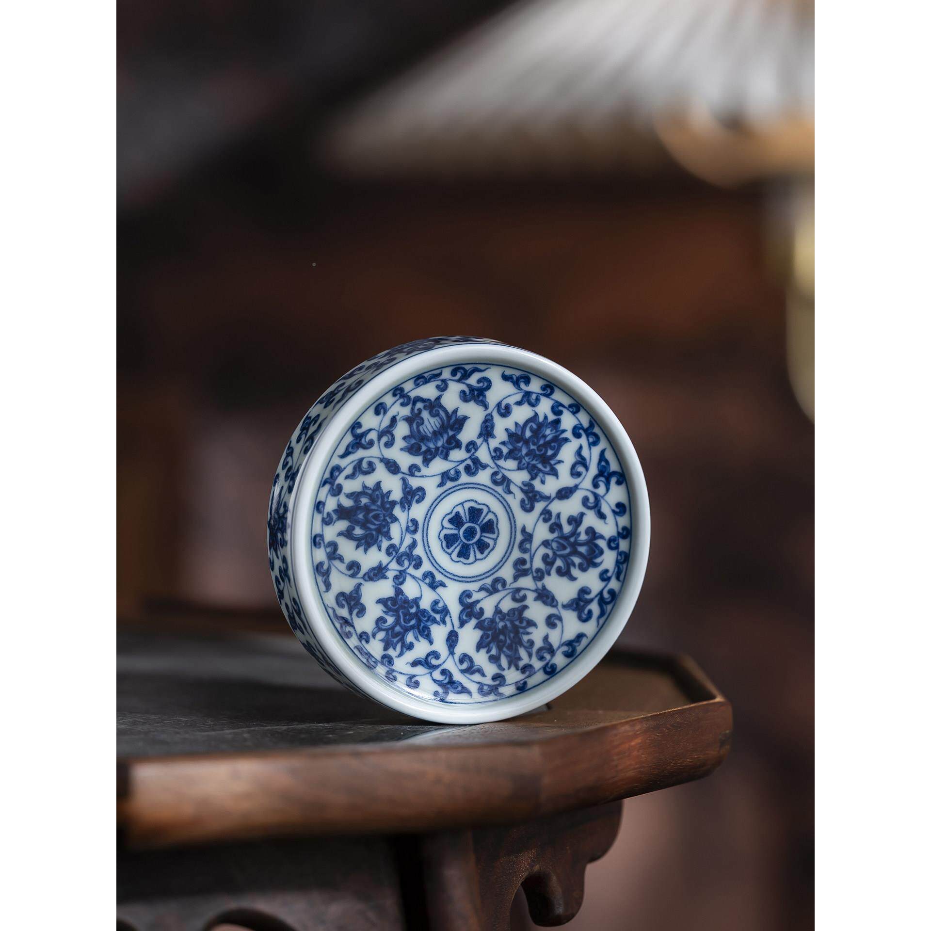 景德镇青花缠陶枝莲盖置瓷托隔热杯垫中式家OQN用杯盖功夫具茶配