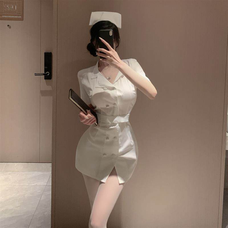 网红主播性感辣妹cosplay护士装制服白色双排扣包臀短袖连衣裙女