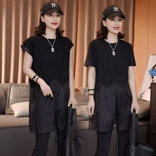 潮流圆领拼接欧根纱T恤女夏季 时尚 显瘦洋气宽松打底百搭休闲上衣