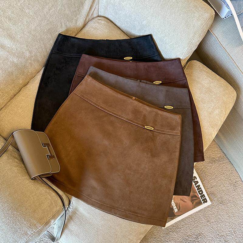 鹿皮绒裙子半身裙女秋冬新款复古高腰防走光一步包臀裙短裙a字裙