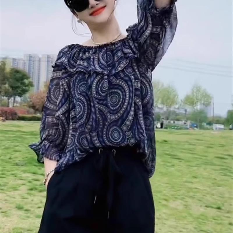 时尚印花七分袖t恤女早初春秋夏减龄宽松显瘦雪纺一字肩圆领上衣
