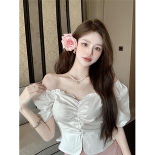 衬衫 法式 花边褶皱一字肩设计感短款 上衣女夏款 覆古气质方领泡泡袖