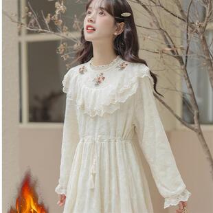 森系温柔蕾丝荷叶边连衣裙冬季加绒加厚高腰显瘦内搭打底长裙秋冬
