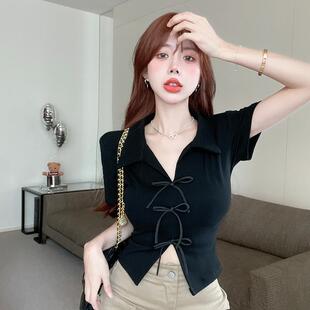 黑色蝴蝶结POLO领短袖T恤衫女夏季辣妹简约百搭开叉显瘦外穿上衣