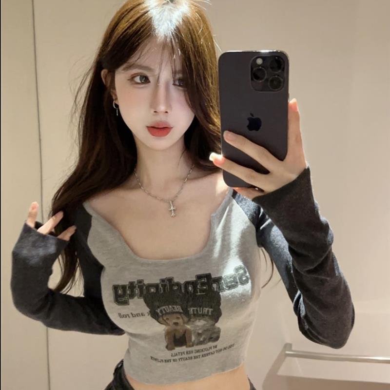女主播服装上镜纯欲甜美可爱显胸大少女插肩U领小狗印花长袖T恤秋