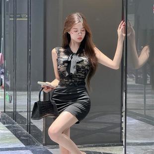 性感辣妹女装 显瘦高腰包臀短裙女 两件套法式 气质蕾丝拼接上衣修身