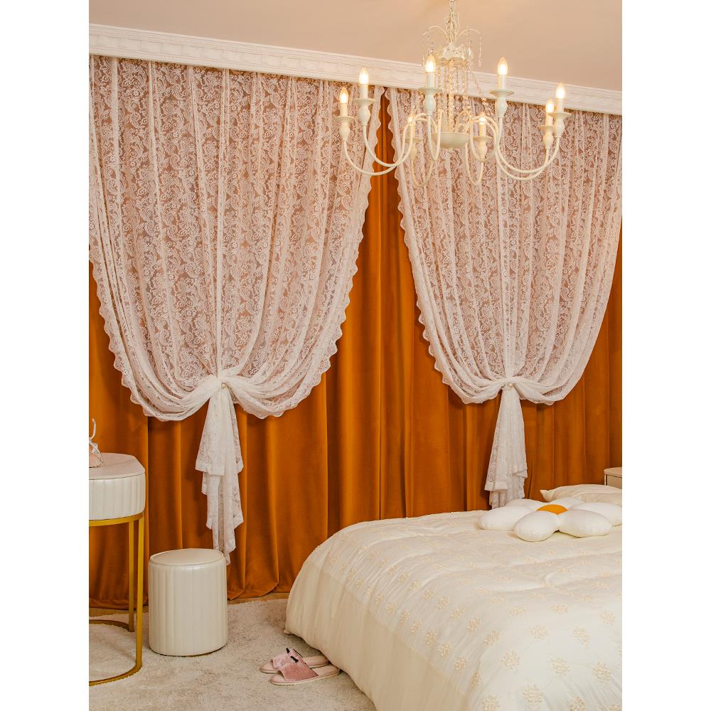 加厚橙色遮光丝绒窗帘布轻奢法式蕾丝白纱帘复古卧室客厅高档大气