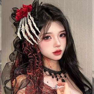 万圣节蝴蝶结头纱鬼爪发夹玫瑰花骷髅手边夹哥特风暗黑吸血鬼发饰