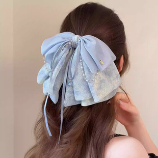 浪漫玫瑰印花网纱蝴蝶结发夹女2025法式水晶珍珠马尾夹高级感抓夹