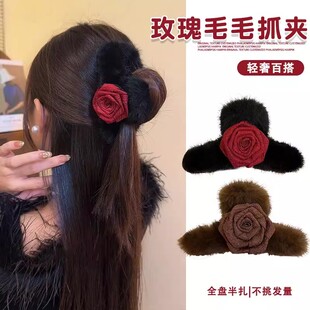 高端毛绒花朵抓夹女后脑勺显发量鲨鱼夹半扎发夹马尾夹子头饰头花