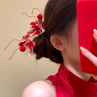 鲤跃龙门 好运锦鲤毛球发簪新年红色新中式国风汉服穿戴发饰头饰