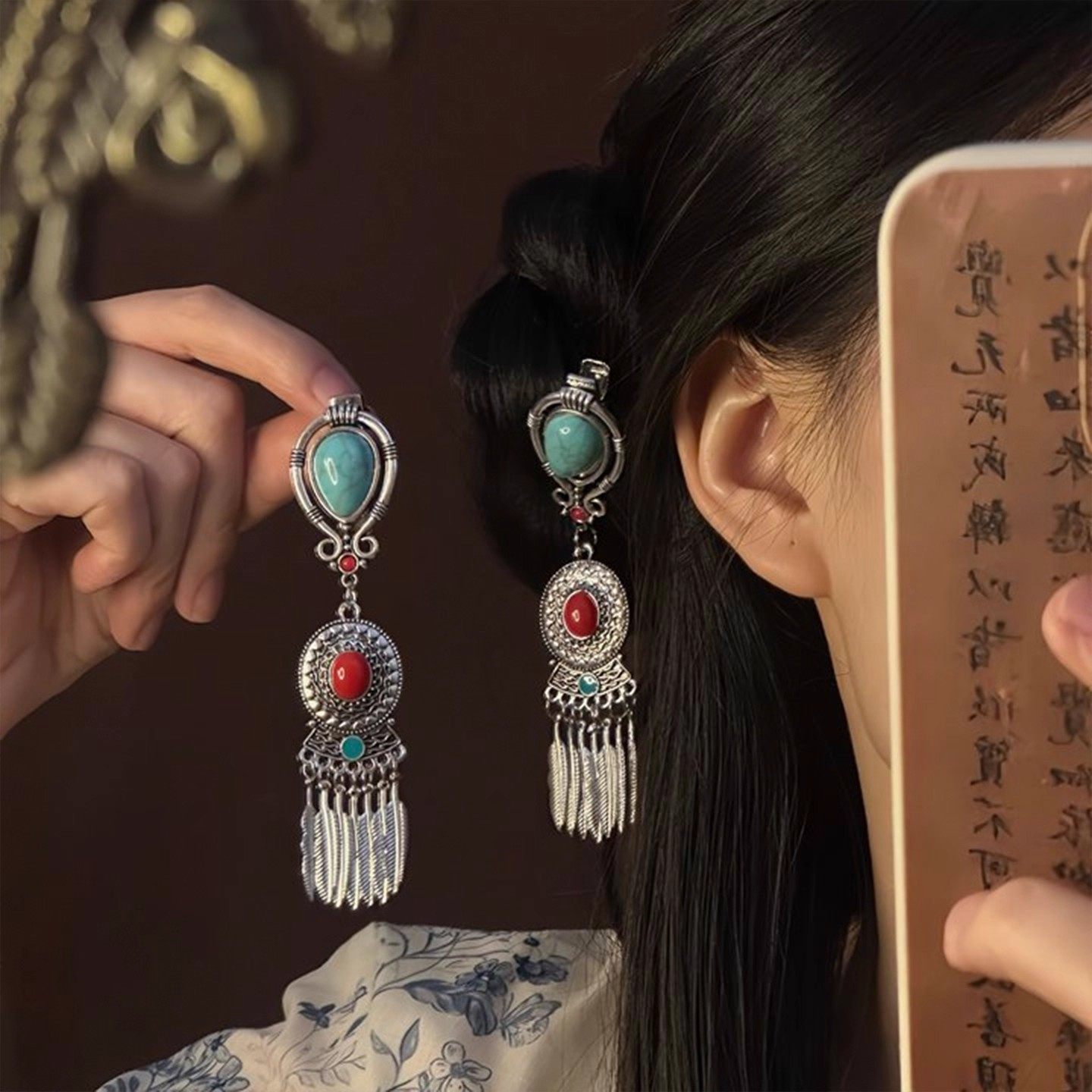 复古民族风手工苗银流苏耳环女气质云南苗族个性舞台百搭长款耳饰