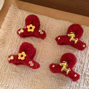 儿童新年红色毛绒绒抓夹女童可爱金小马发抓小女孩拜年金花花发饰
