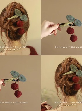 新中式毛线樱桃抓夹女高级感扭扭发夹后脑勺一字盘发鲨鱼夹子