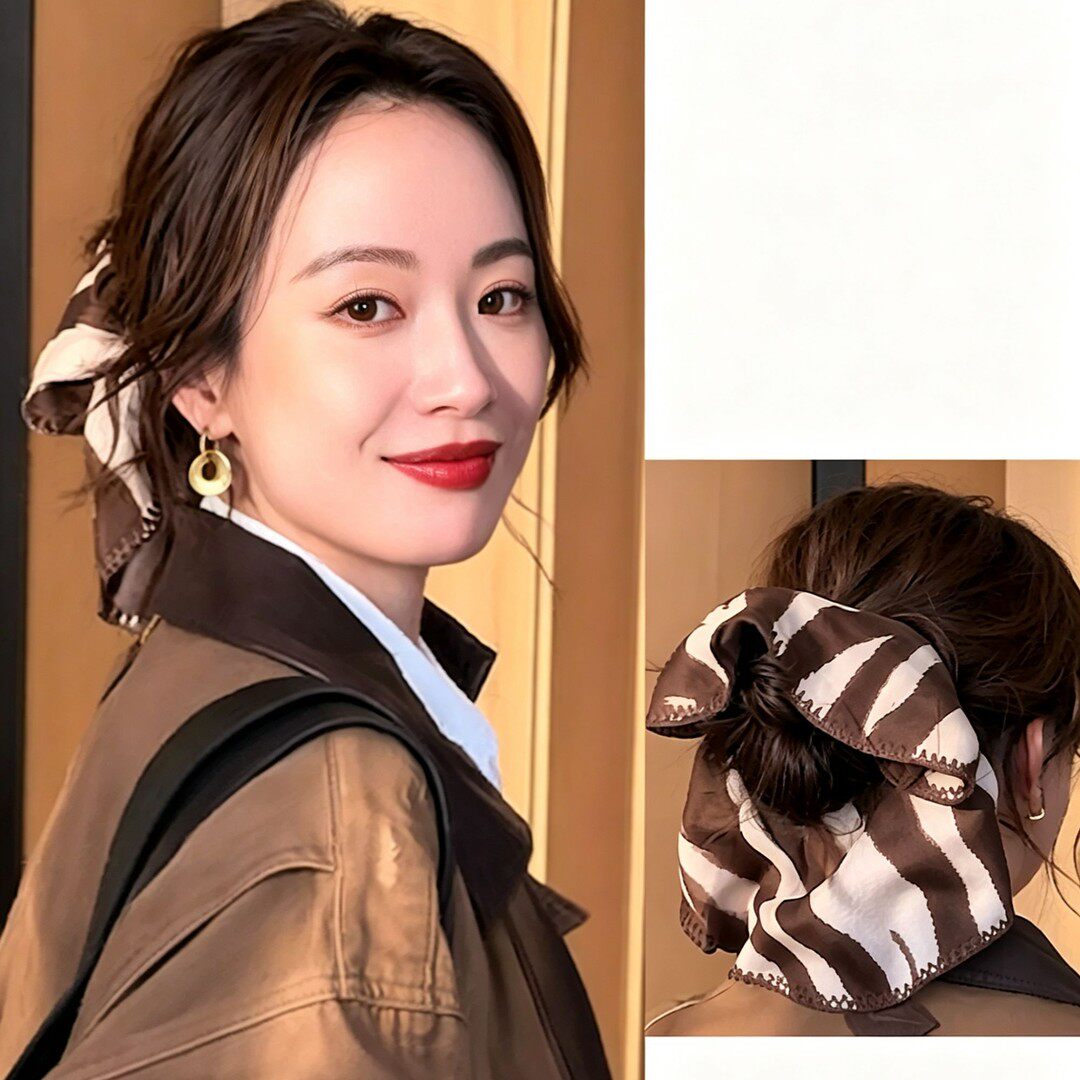 李梦明星同款斑马大肠发圈发饰秋冬氛围感咖色系小众发绳头饰