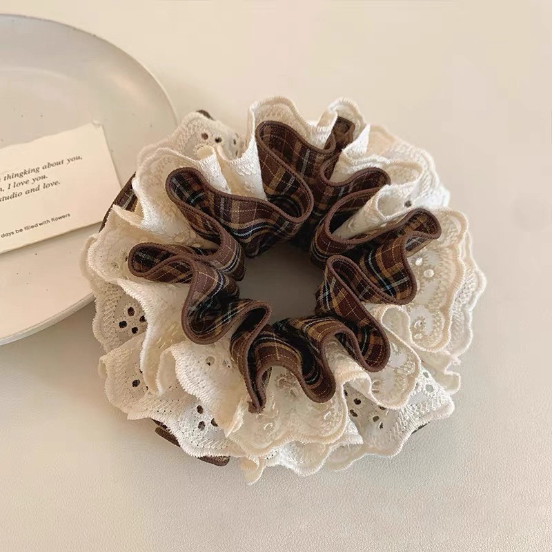 韩系咖啡色格纹蕾丝四层大肠发圈女气质扎头发丸子头发绳头绳发饰