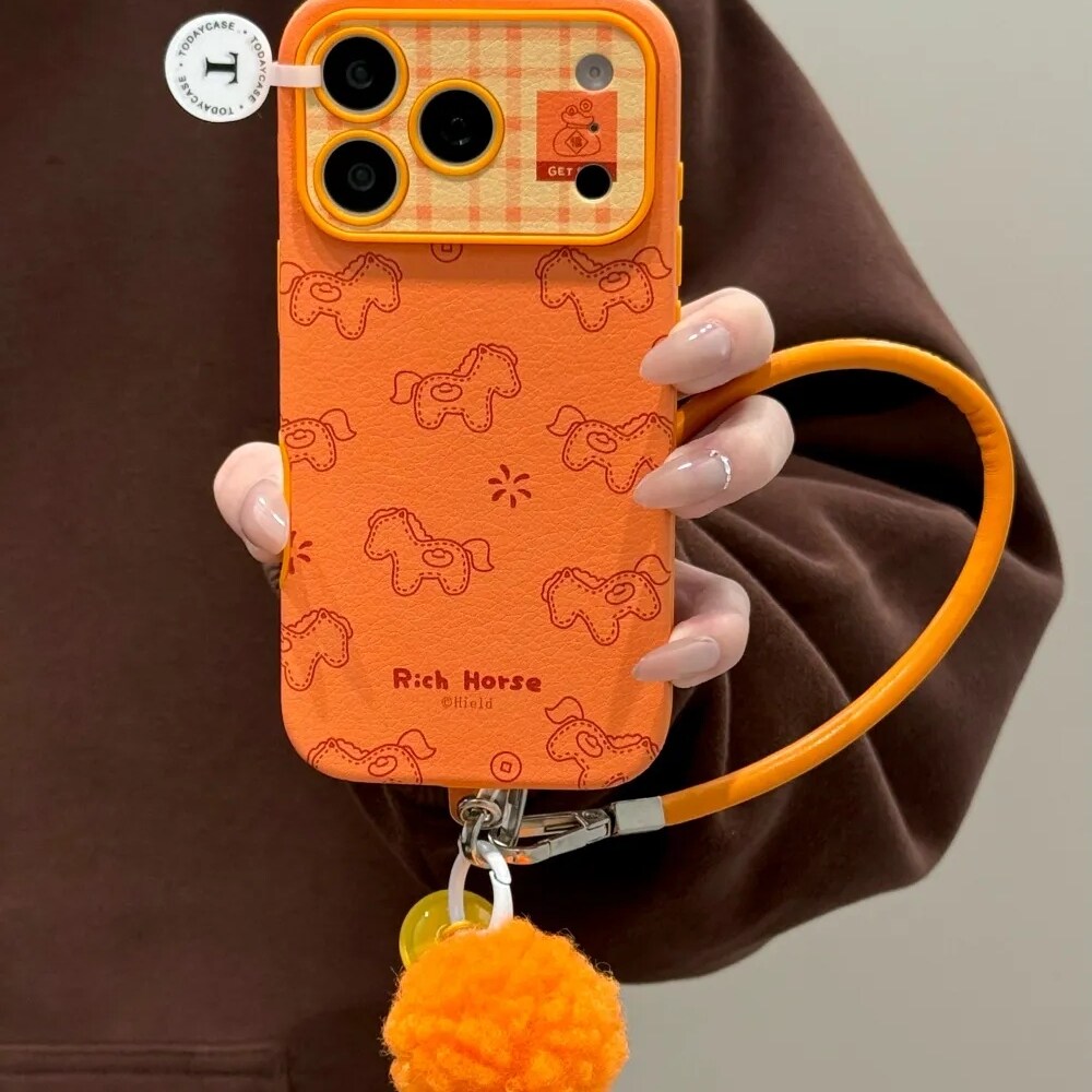 雨柠橙色线条小马适用苹果17promax贴皮全包iphone16挂绳手机软壳15卡通可爱日韩ins14全包防摔保护套