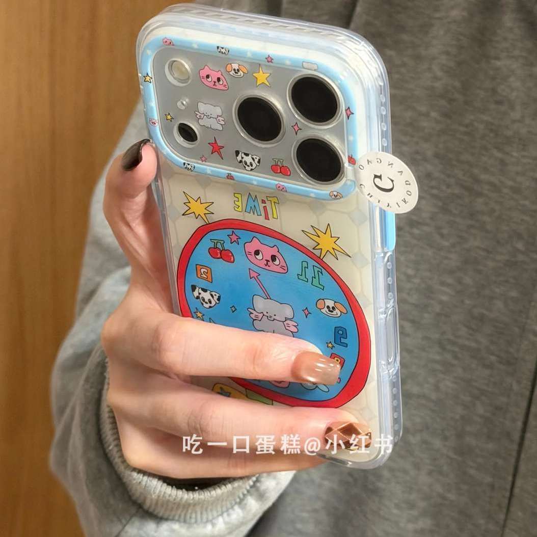 雨柠奶白宫格蓝时钟小象小猪小狗适用17promax手机壳iphone16新款15卡通日韩INS可爱个性创意14防摔保护套