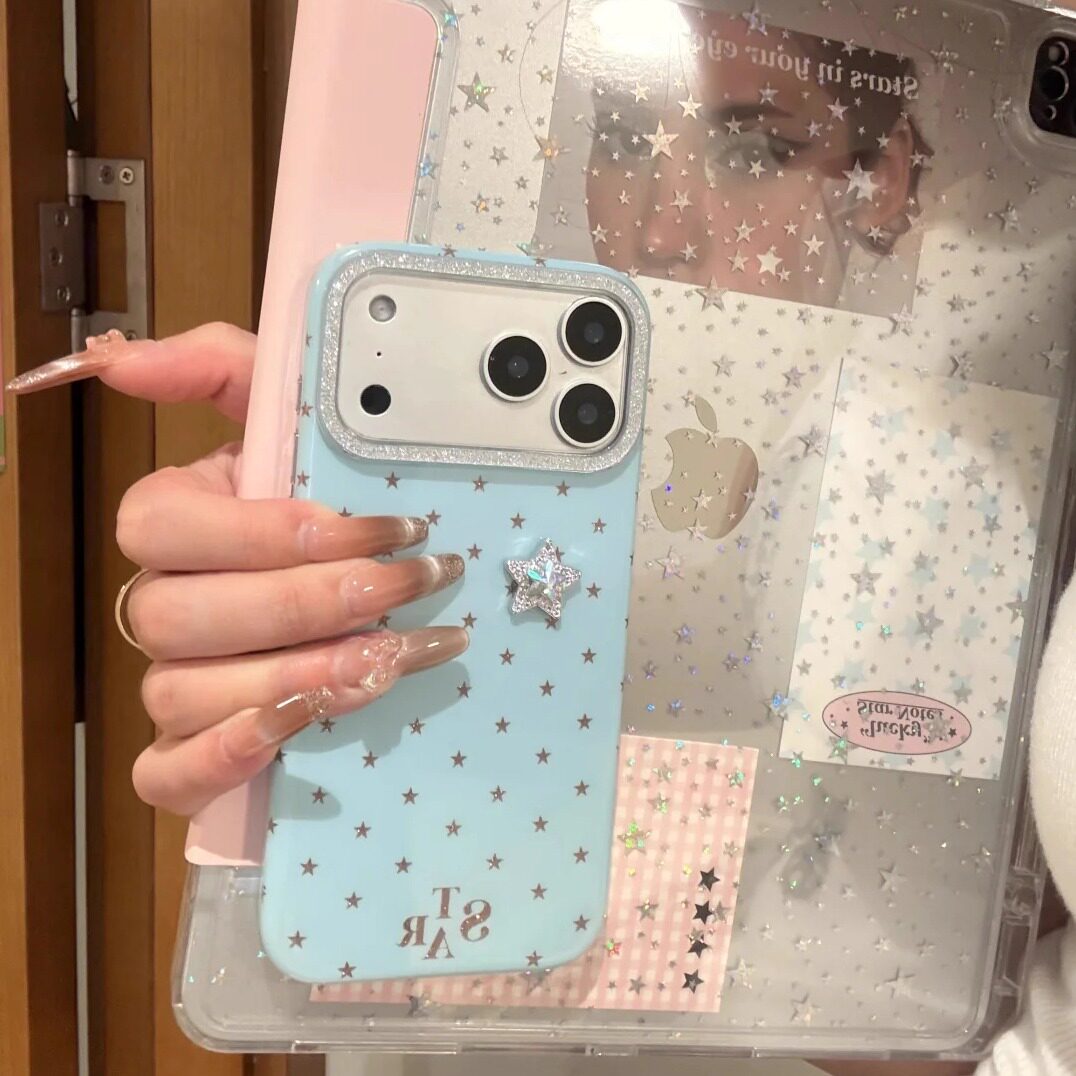 雨柠韩系ins薄荷绿满屏闪粉星星英文适用iphone17promax苹果16pro高级感手机壳15日韩满屏立体14防摔保护套