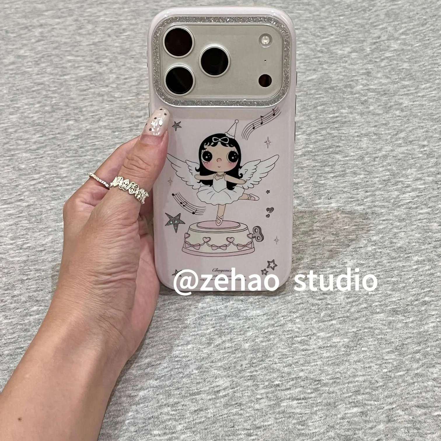 雨柠淡紫天使八音盒小玉适用苹果17pro双层iphone16亮面手机壳15卡通可爱日韩INS个性创意14防摔保护套