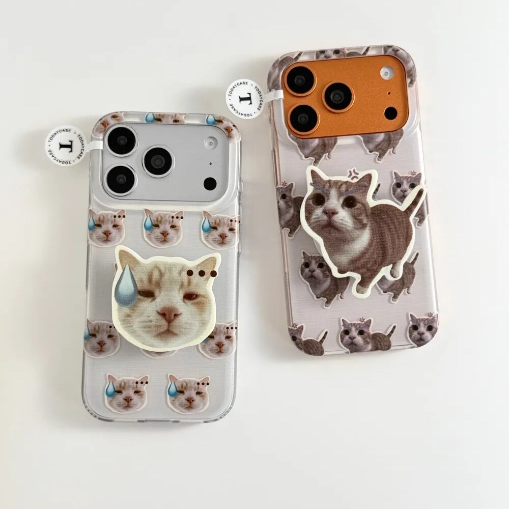 雨柠生气流汗猫咪适用苹果17promax双层iPhone16磨砂支架手机壳15卡通可爱日韩INS个性创意14防摔保护套