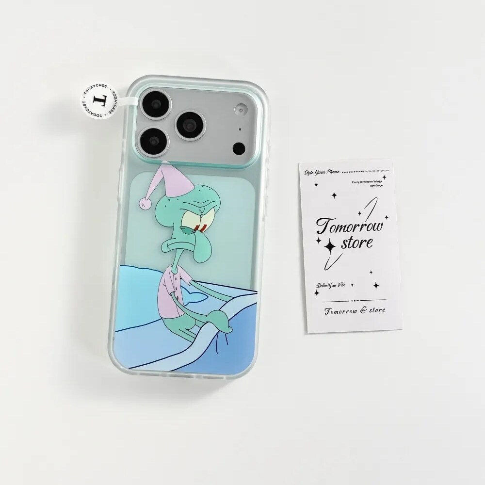 雨柠可爱起床章鱼哥适用苹果17promax磨砂iphone16透明15薄荷绿手机壳 · 透薄荷绿起床章鱼哥 苹果16pro防摔