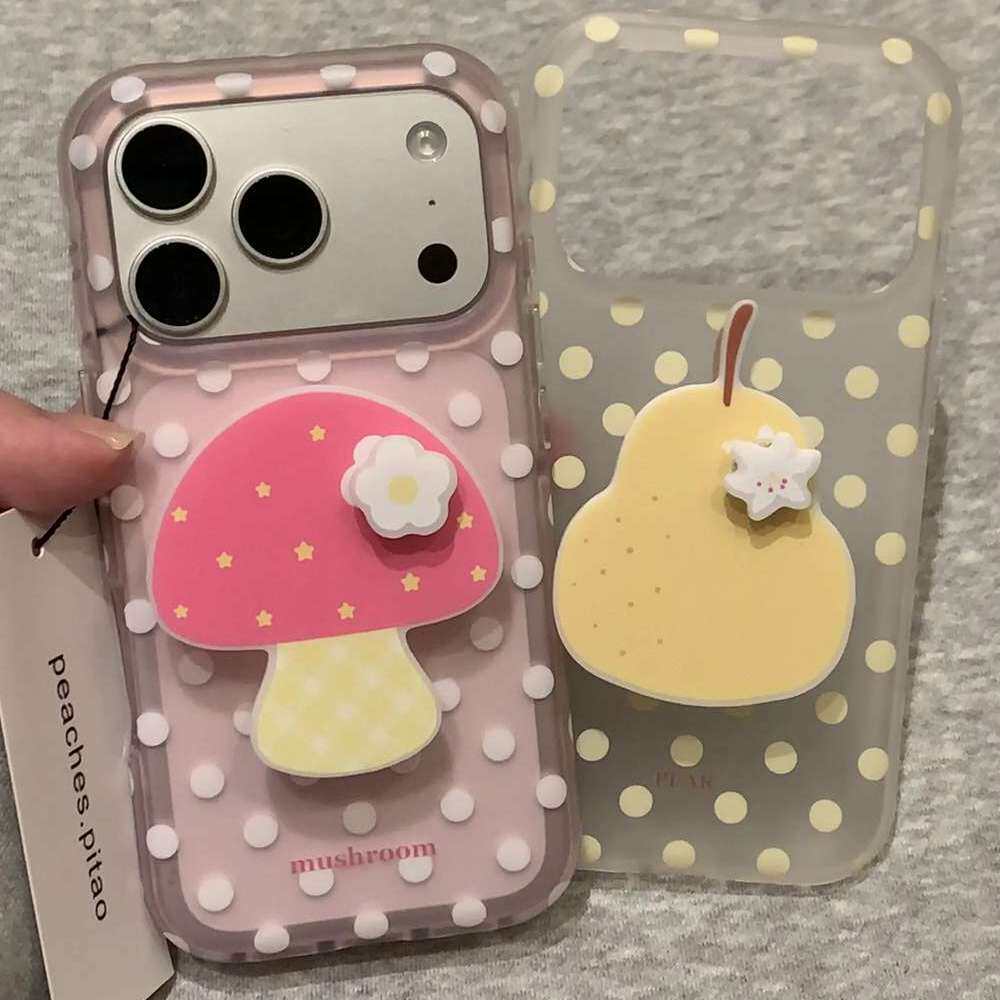 雨柠小众ins粉波点蘑菇黄色雪梨支架磨砂适用于iPhone17promax新款苹果16手机壳15小清新日韩14防摔保护套