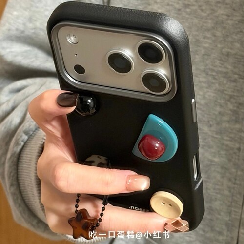 雨柠黑色皮质立体陨石适用苹果17promax手机壳iphone16网红潮ins15个性创意日韩ins14防摔保护套
