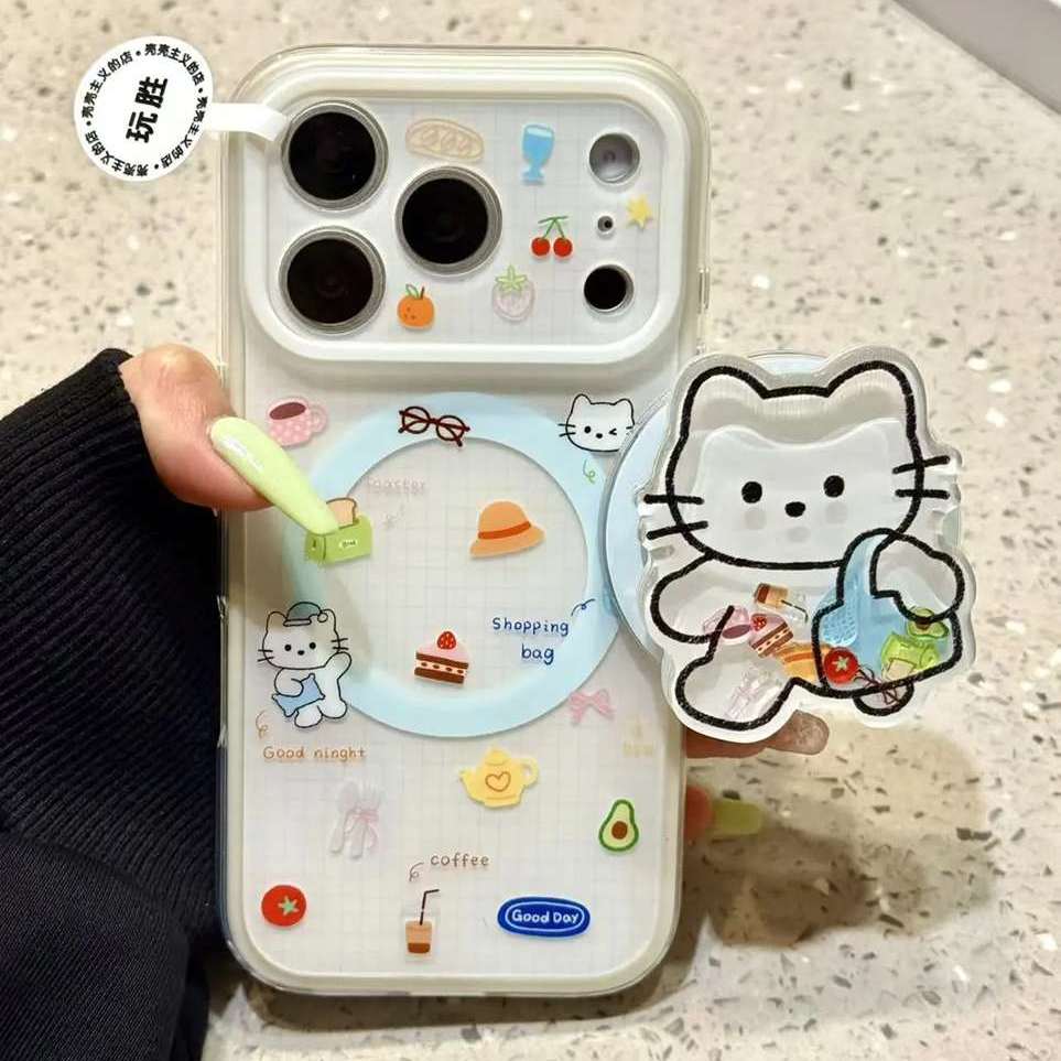 雨柠磁吸二合一蓝睡帽小猫草帽适用苹果17promax手机壳iPhone16新款15卡通日韩INS可爱14防摔保护套