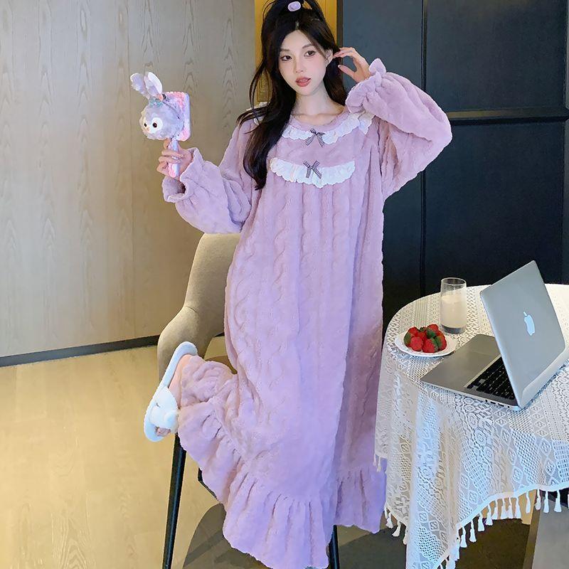 法兰绒睡裙女秋冬公主风冬季长袖可爱学生孕妇宽松大码珊瑚绒睡衣