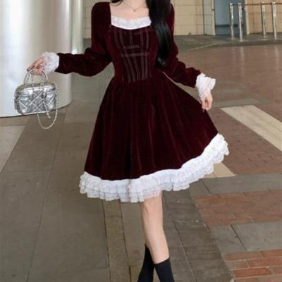 大码甜美圣诞年会丝绒连衣裙女秋冬胖妹妹减龄显瘦长短款礼服裙子