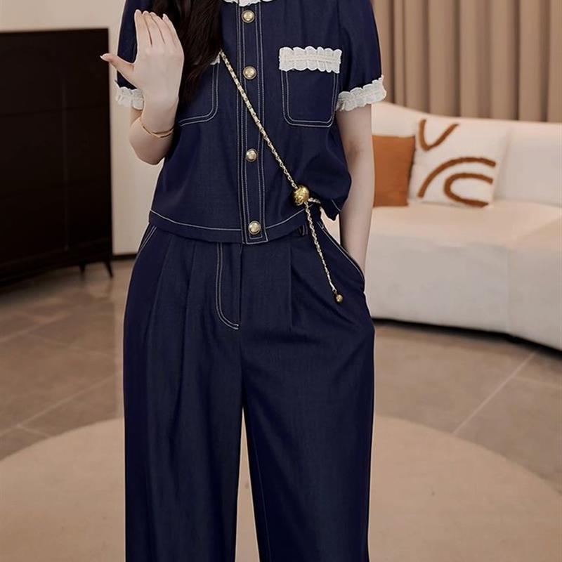 时尚2025复古套装拼接花边蕾丝牛仔夏季新款休闲上衣两件套
