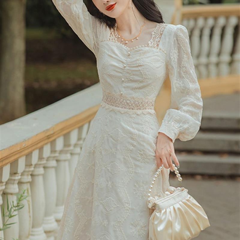 不加绒/加绒 蕾丝长裙女桔梗法式宫廷风连衣裙复古温柔2025年新款