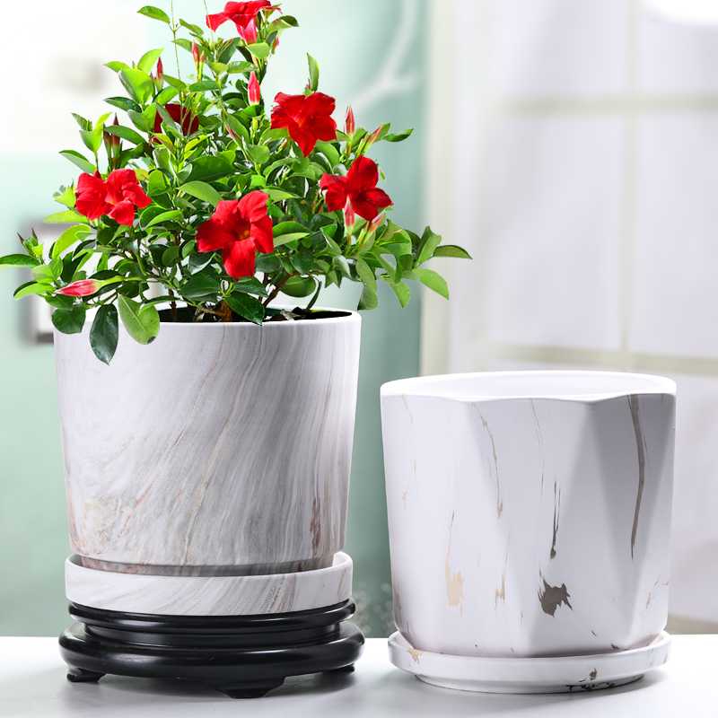 花盆陶瓷创意仿水泥简约带托盘特大号家用室内大理石纹水转印欧式