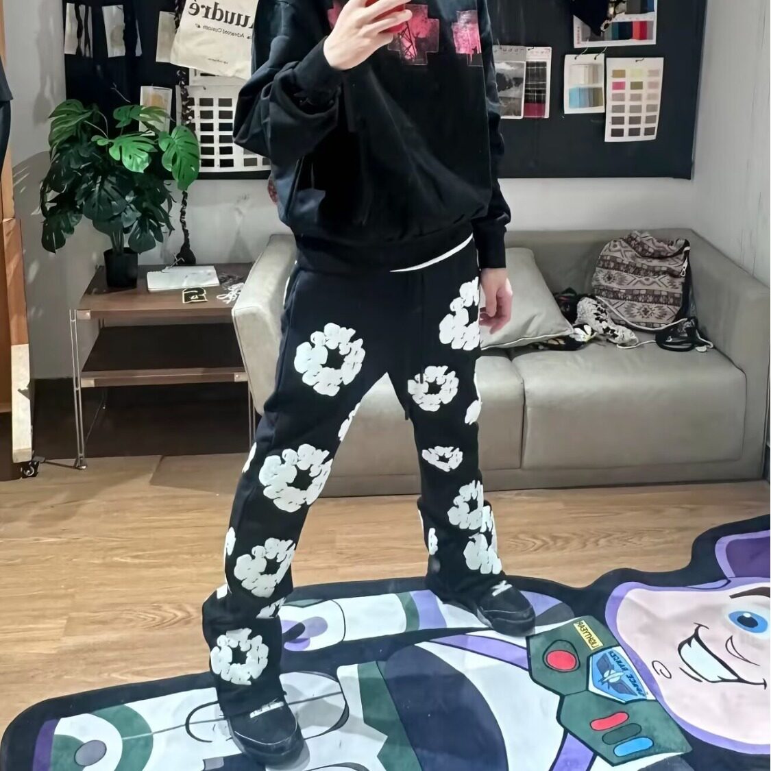 美式高街嘻哈潮牌木棉花印花宽松毛圈微喇裤运动休闲直筒长裤